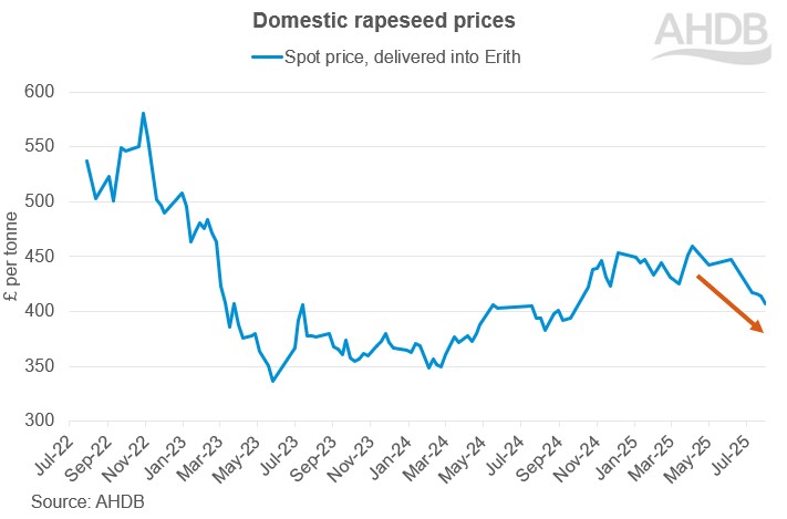 Domestic rapeseed prices (£ per tonne) July 2022 to July 2025.